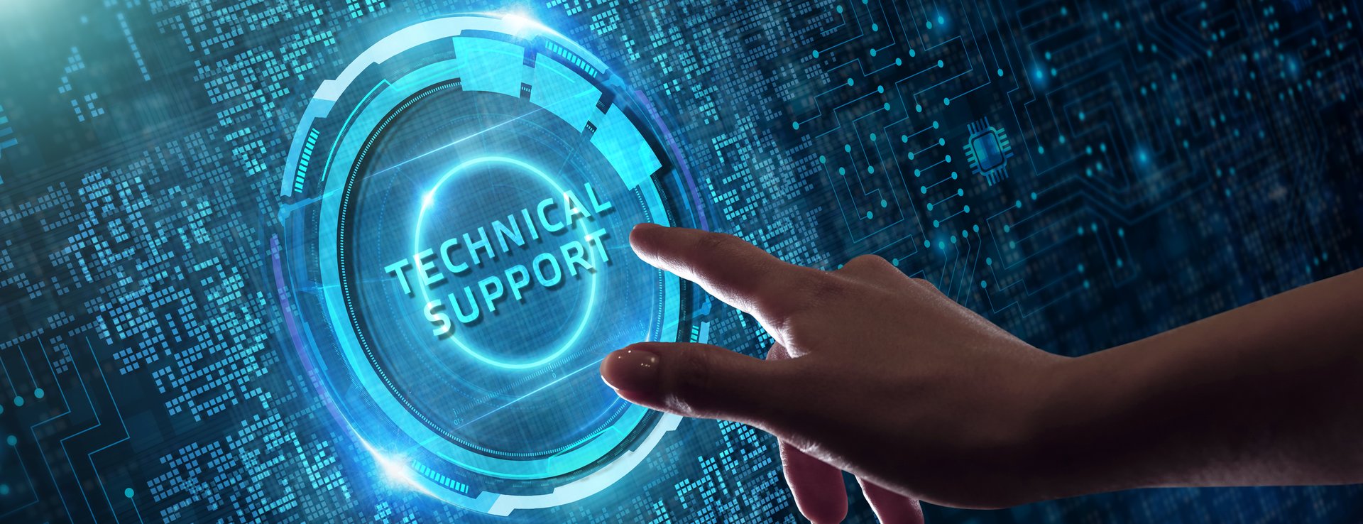 A hand reaching towards a glowing blue Technical Support button on a digital circuit-board display