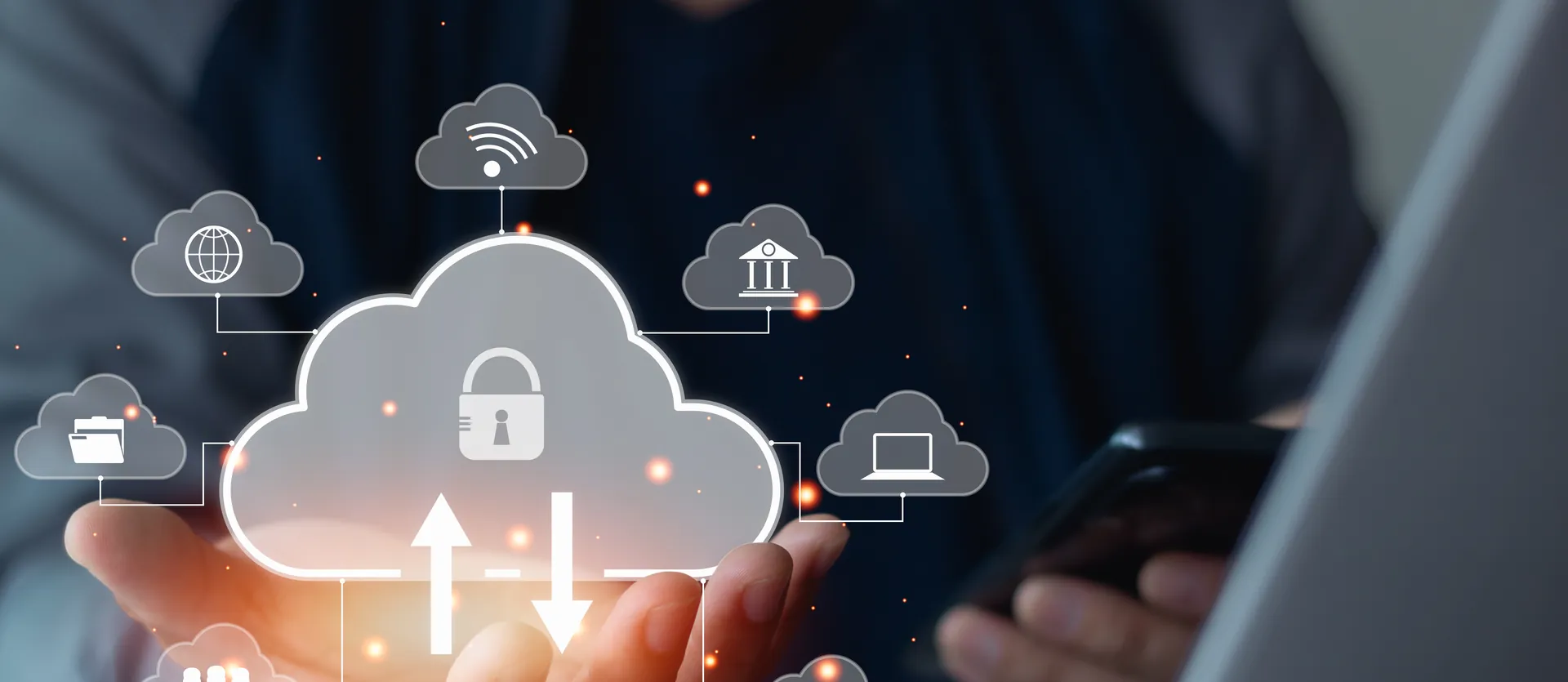 Cloud icons representing monitored devices and secured data