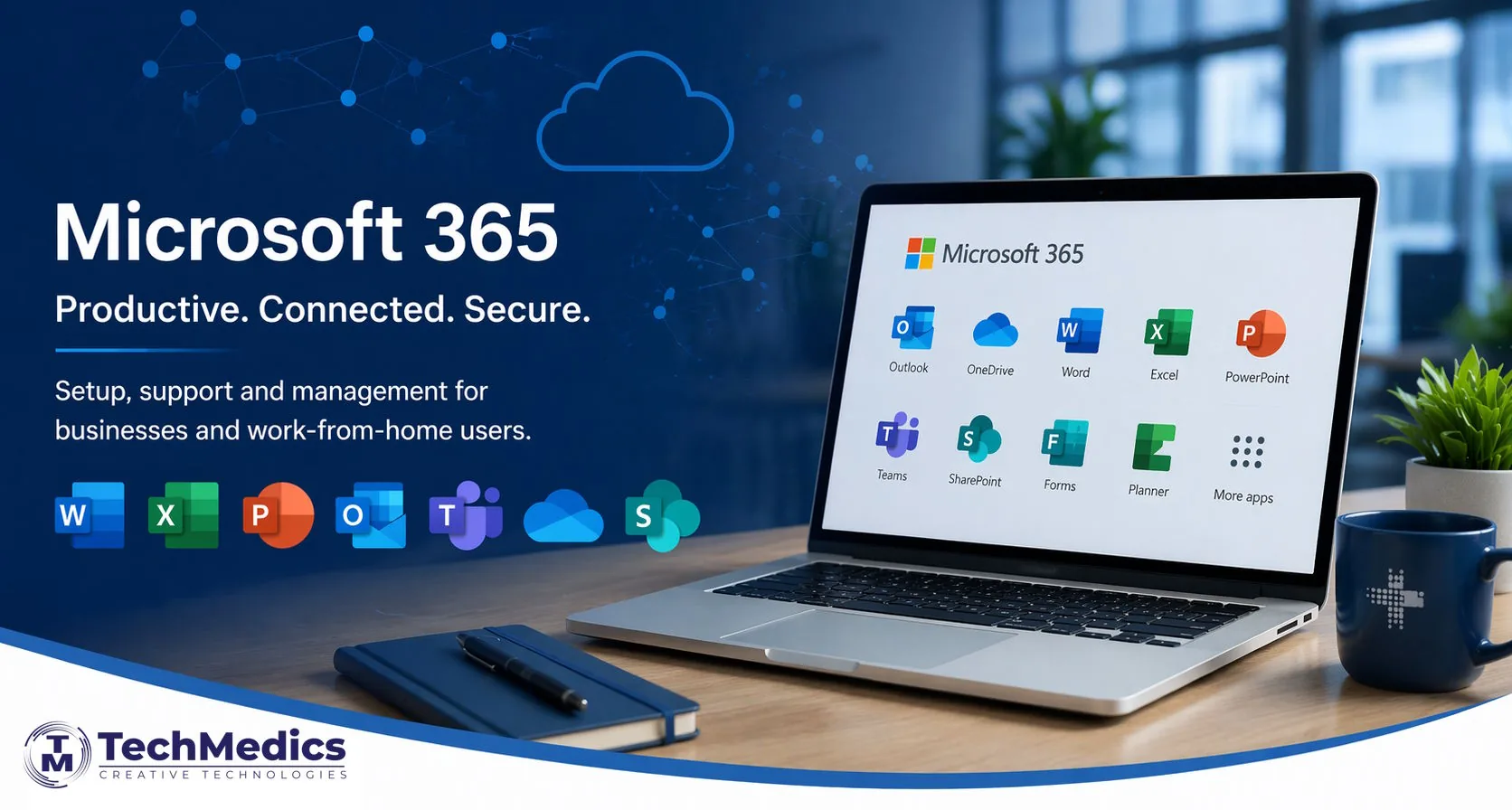 Office 365 — Productive. Connected. Secure. Setup, support and management for businesses and work-from-home users.